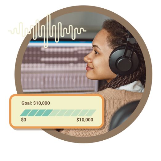 woman with headphones and a progress bar showing amount fundraised